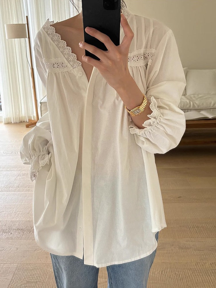 V-neck Hollow Lace Loose Shirt Blouse by painevida