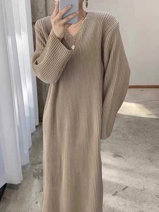 Retro V-neck Casual Long-sleeved Knitted Dress