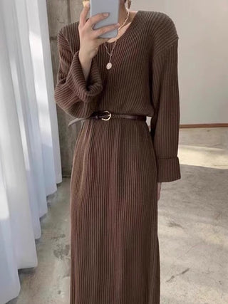 Retro V-neck Casual Long-sleeved Knitted Dress