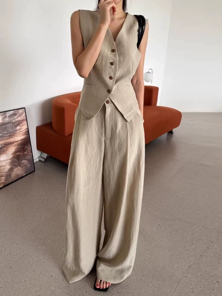 Drawstring Vest + Casual Wide-Leg Pants Two-Piece Set by painevida