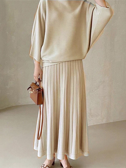 Elegant Loose Knitted Shirt&High Waist Pleated Skirt Suit Set