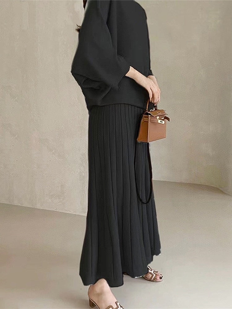 Elegant Loose Knitted Shirt&High Waist Pleated Skirt Suit Set