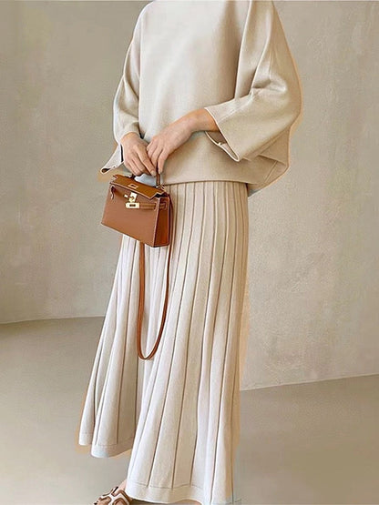 Elegant Loose Knitted Shirt&High Waist Pleated Skirt Suit Set