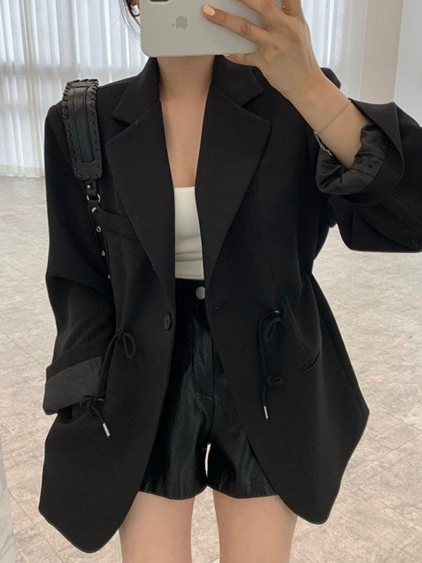 Lapel Single Button Drawstring Waist Blazer Jacket