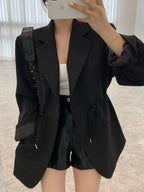 Lapel Single Button Drawstring Waist Blazer Jacket