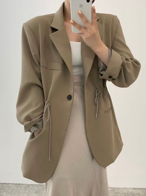 Lapel Single Button Drawstring Waist Blazer Jacket