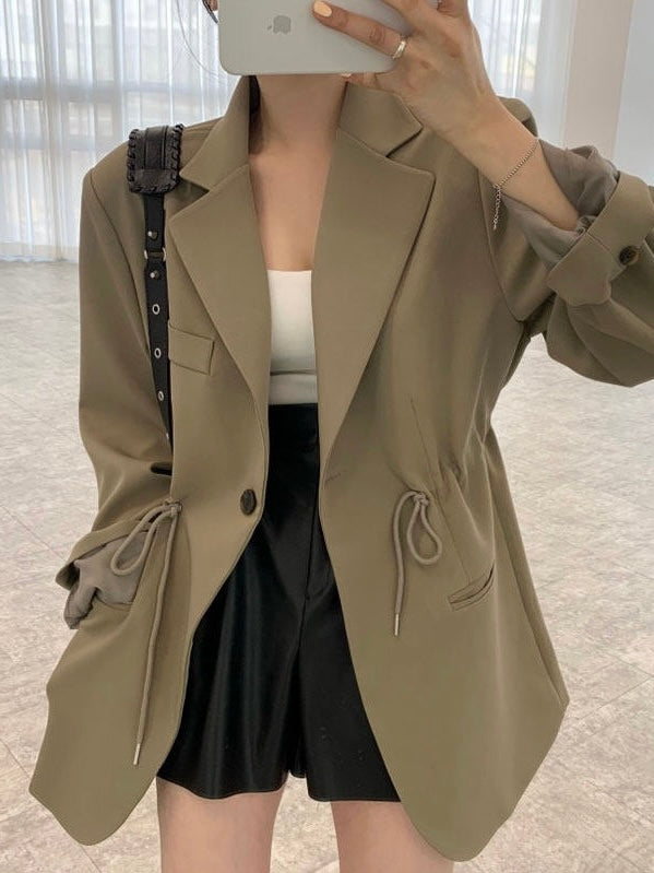 Lapel Single Button Drawstring Waist Blazer Jacket