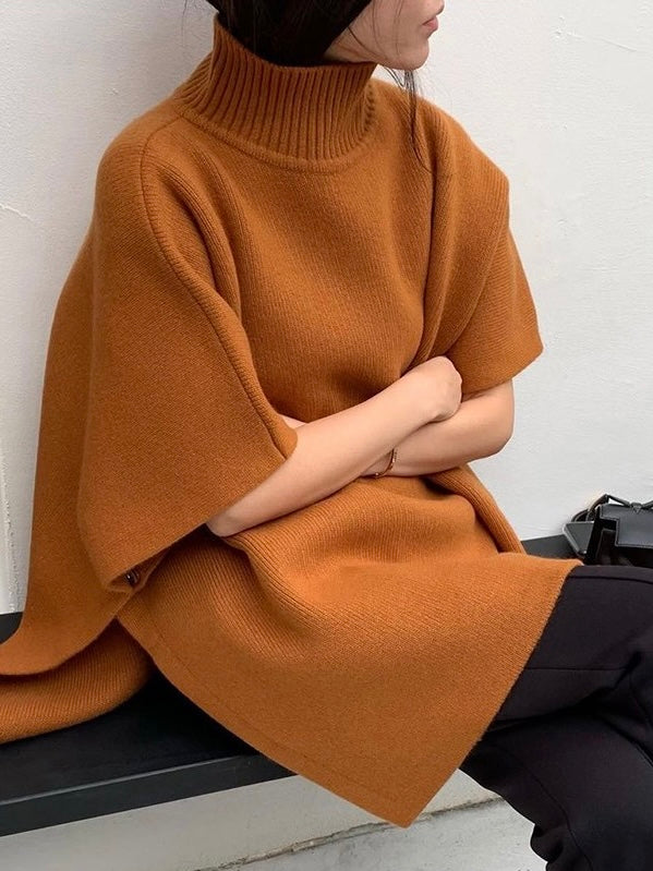 High Collar Slit Loose Cape Style Sweater