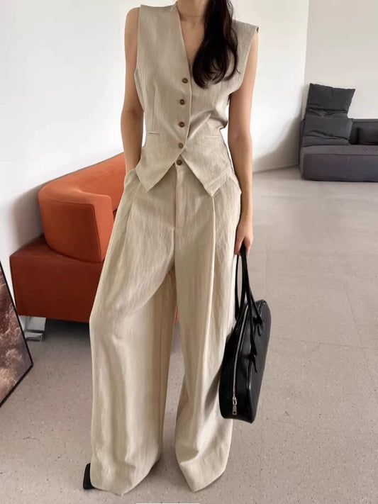Drawstring Vest + Casual Wide-Leg Pants Two-Piece Set
