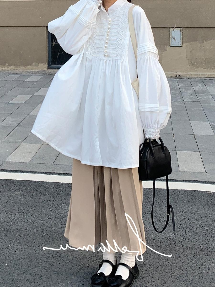 Loose Vintage Stand Collar Long Sleeve Shirt by painevida