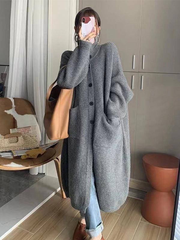 Solid Color Coat Mid Length Turtleneck Cardigan Sweater by painevida