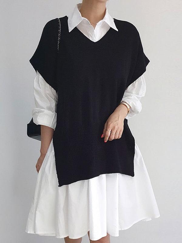 Split Knit Vest + Lapel Long Sleeve Shirt Dress by painevida
