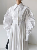 Nipped Waist Baller Sleeve Shirt Dress with Belt