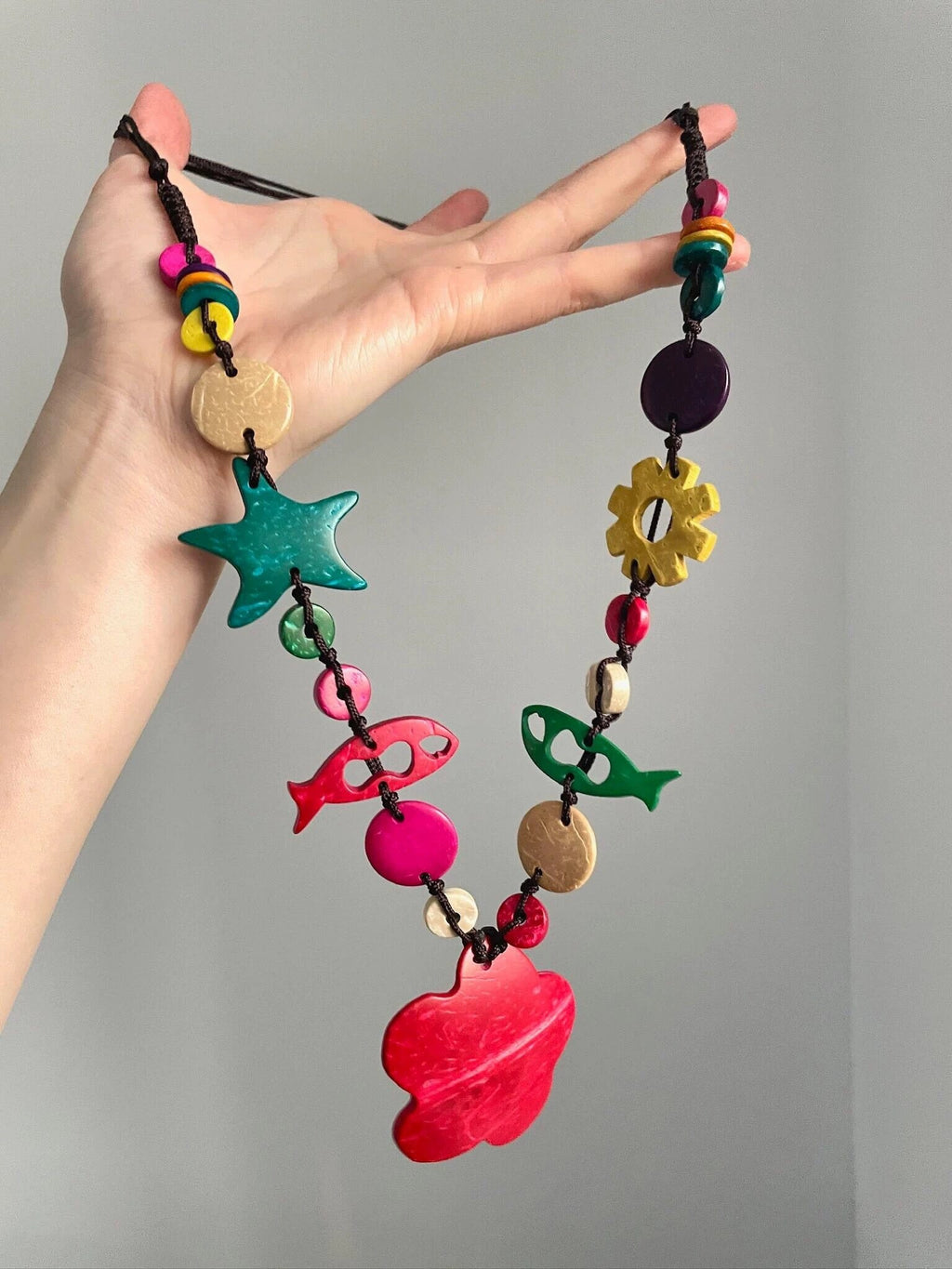 Vintage Colorful Ocean Bohemian Style Mixed-Color Wooden Necklace by painevida