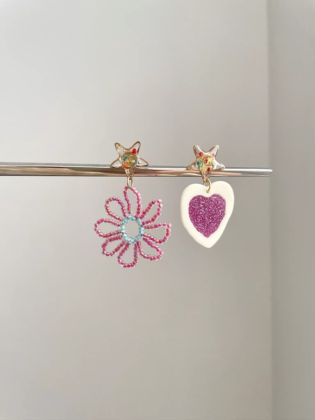 Vintage Dopamine Rose Red Heart Flower Earrings