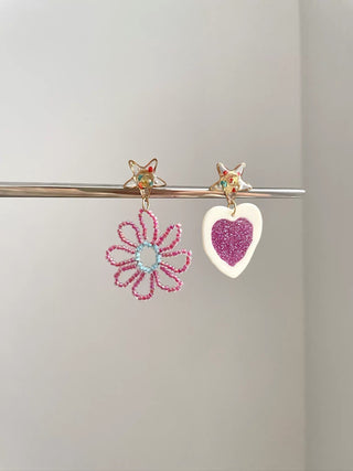 Vintage Dopamine Rose Red Heart Flower Earrings by painevida