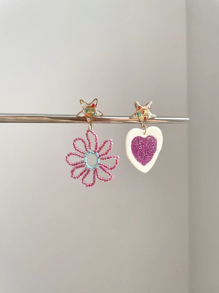Vintage Dopamine Rose Red Heart Flower Earrings by painevida