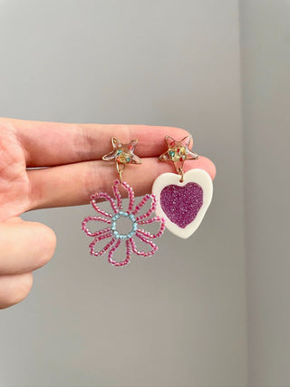 Vintage Dopamine Rose Red Heart Flower Earrings by painevida