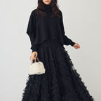 Two-Piece Set: Cape V-Neck Knit Top + Full Skirt