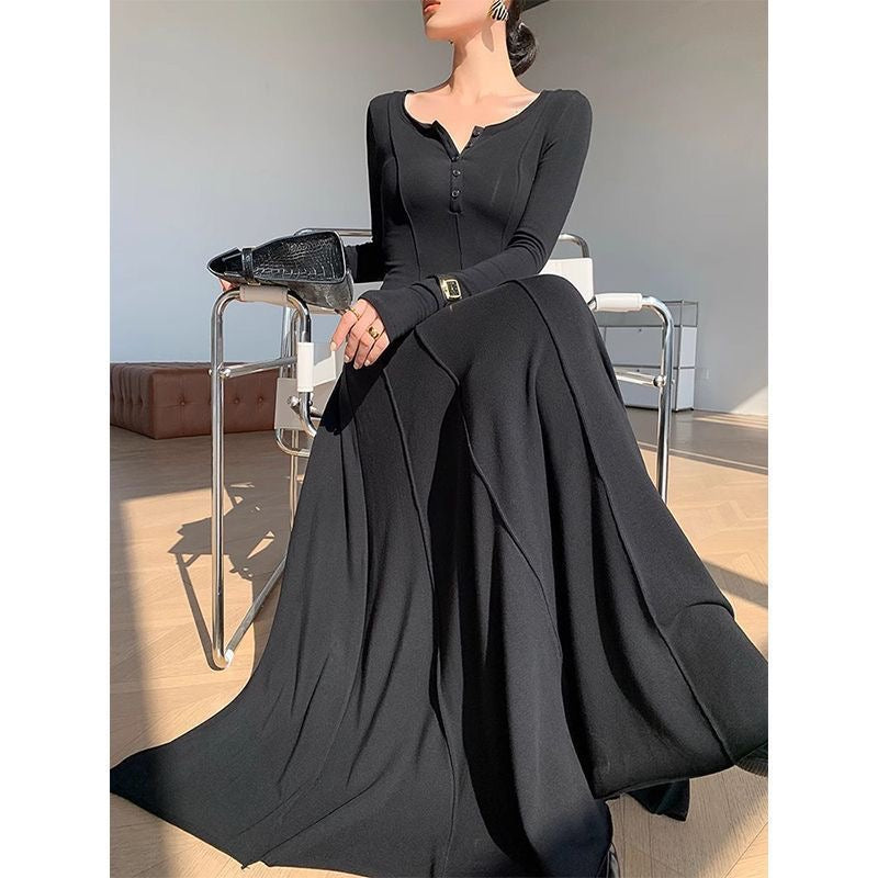 Solid Color Long-Sleeved Base Dress