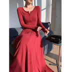 Solid Color Long-Sleeved Base Dress