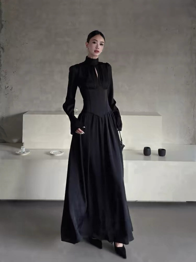 Retro Stand-up Collar Long-Sleeved Dress - PAINEVIDA