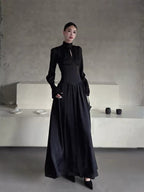 Retro Stand-up Collar Long-Sleeved Dress - PAINEVIDA