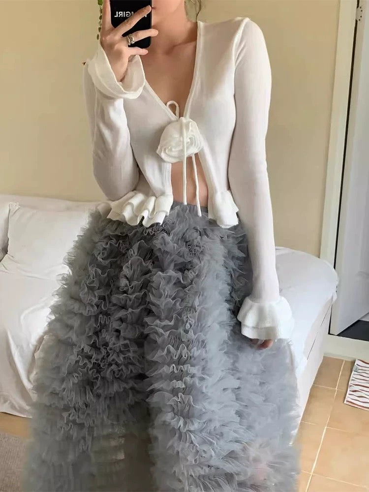 3D Knitted Cardigan + Mesh Skirt Two-Piece Set