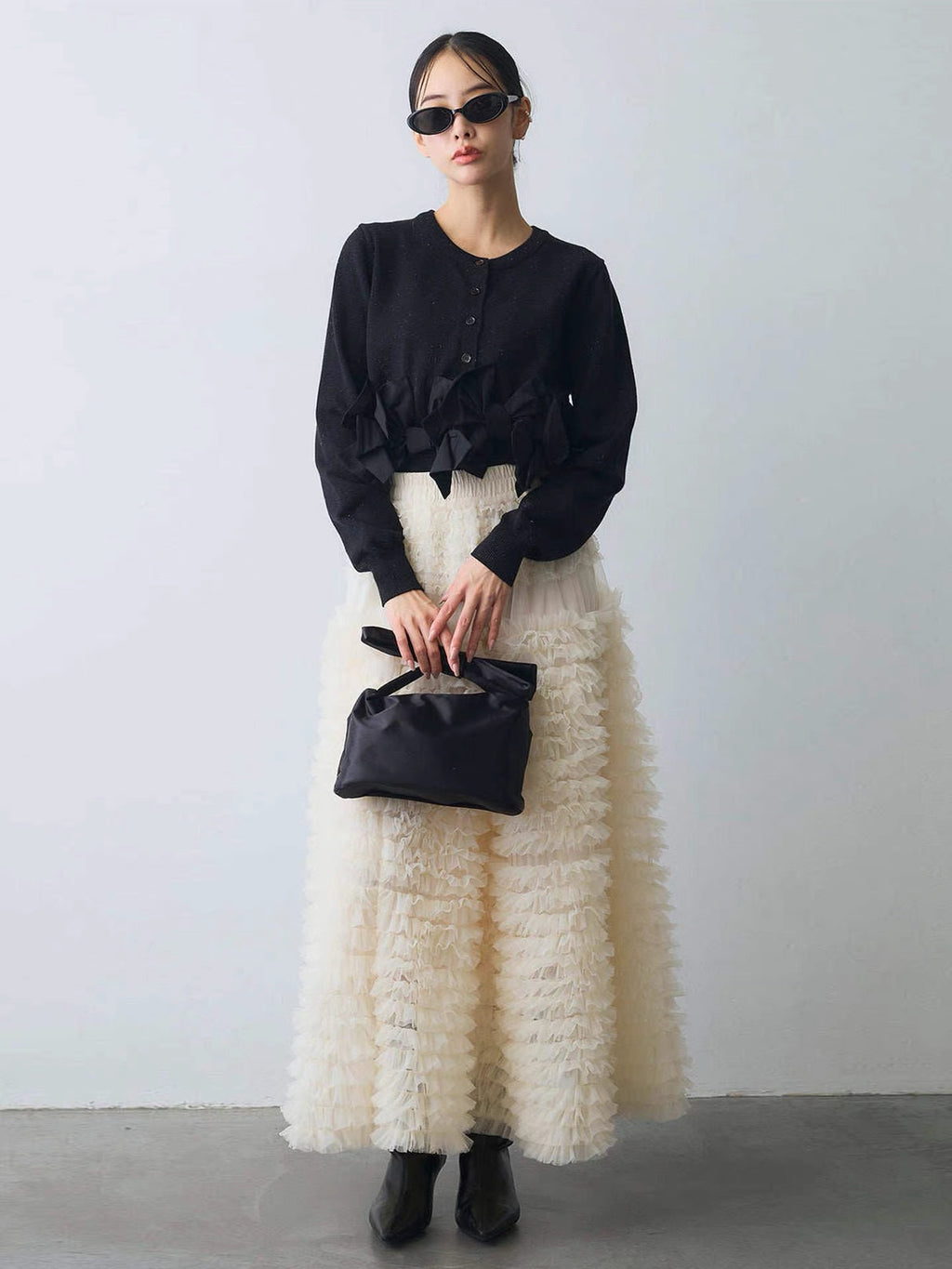 3D Bow-Knit Cardigan + Patchwork Mesh Tiered Skirt