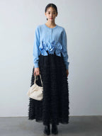 3D Bow-Knit Cardigan + Patchwork Mesh Tiered Skirt