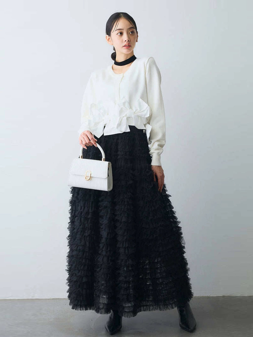 3D Bow-Knit Cardigan + Patchwork Mesh Tiered Skirt