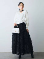 3D Bow-Knit Cardigan + Patchwork Mesh Tiered Skirt