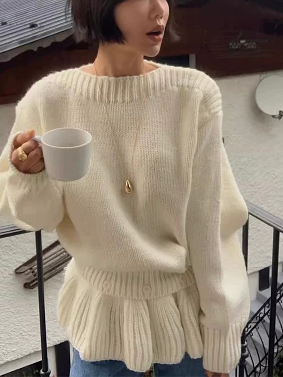 Long-Sleeved Knit Sweater + Layered Lace Skirt