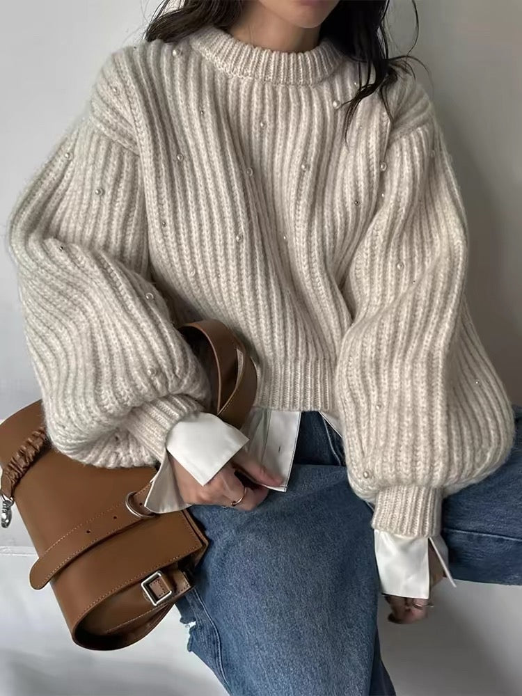 Heavy-Duty Beaded Lantern Sleeve Knit Sweater