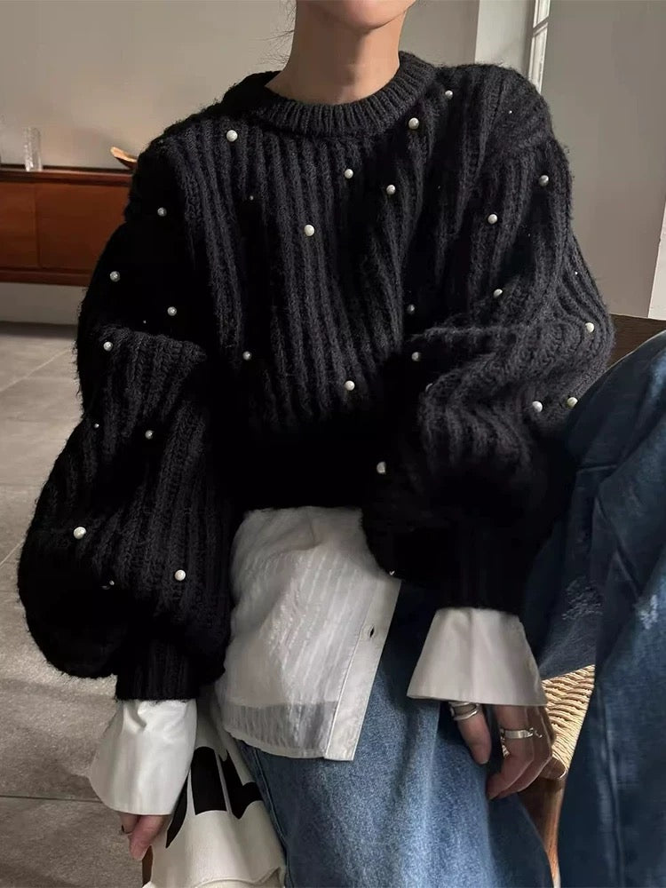 Heavy-Duty Beaded Lantern Sleeve Knit Sweater