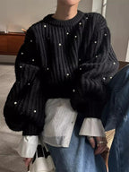 Heavy-Duty Beaded Lantern Sleeve Knit Sweater