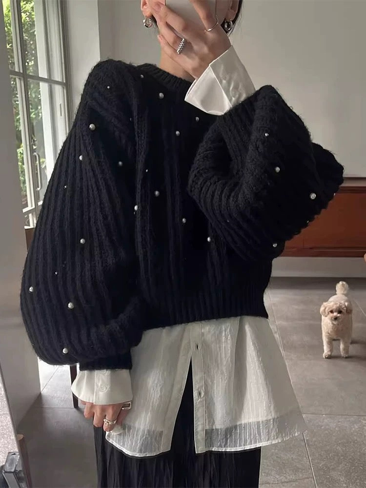 Heavy-Duty Beaded Lantern Sleeve Knit Sweater