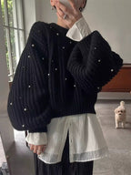 Heavy-Duty Beaded Lantern Sleeve Knit Sweater