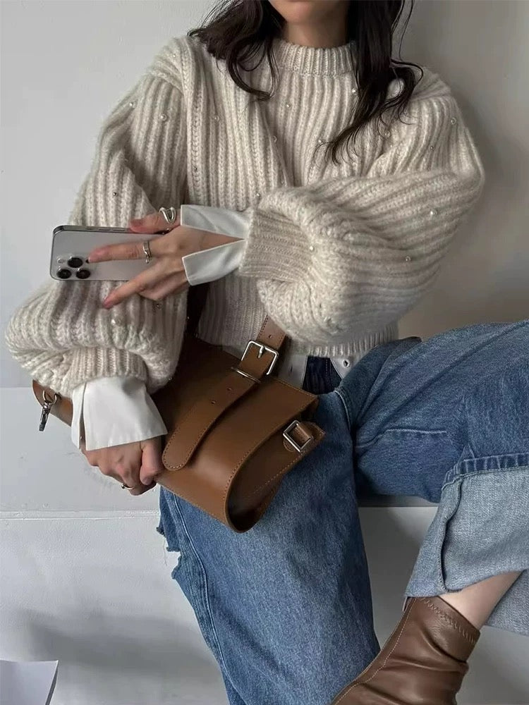 Heavy-Duty Beaded Lantern Sleeve Knit Sweater