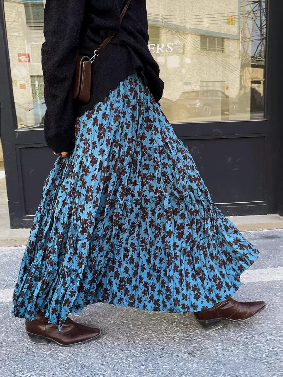 French Floral Print Midi Skirt - Romantic Designer Skirt