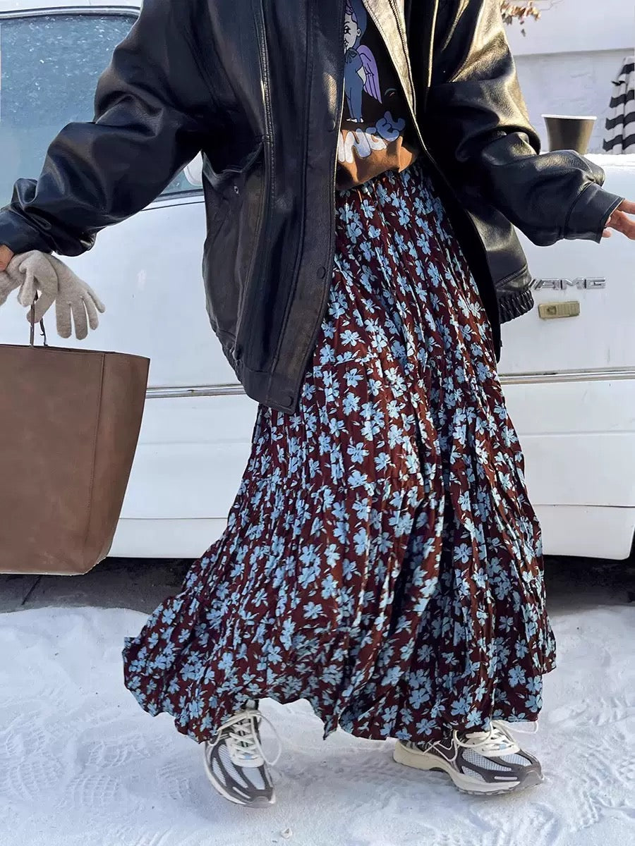 French Floral Print Midi Skirt - Romantic Designer Skirt