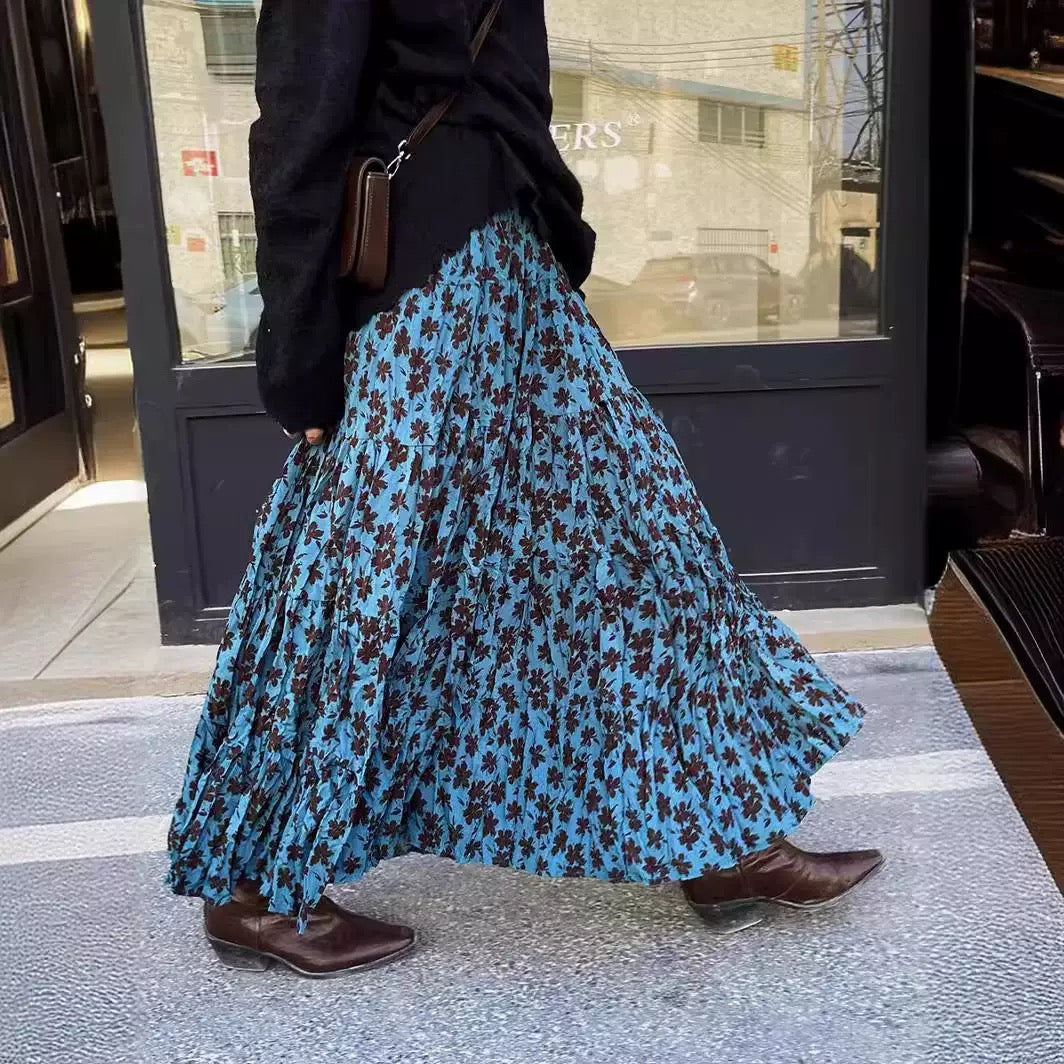 French Floral Print Midi Skirt - Romantic Designer Skirt