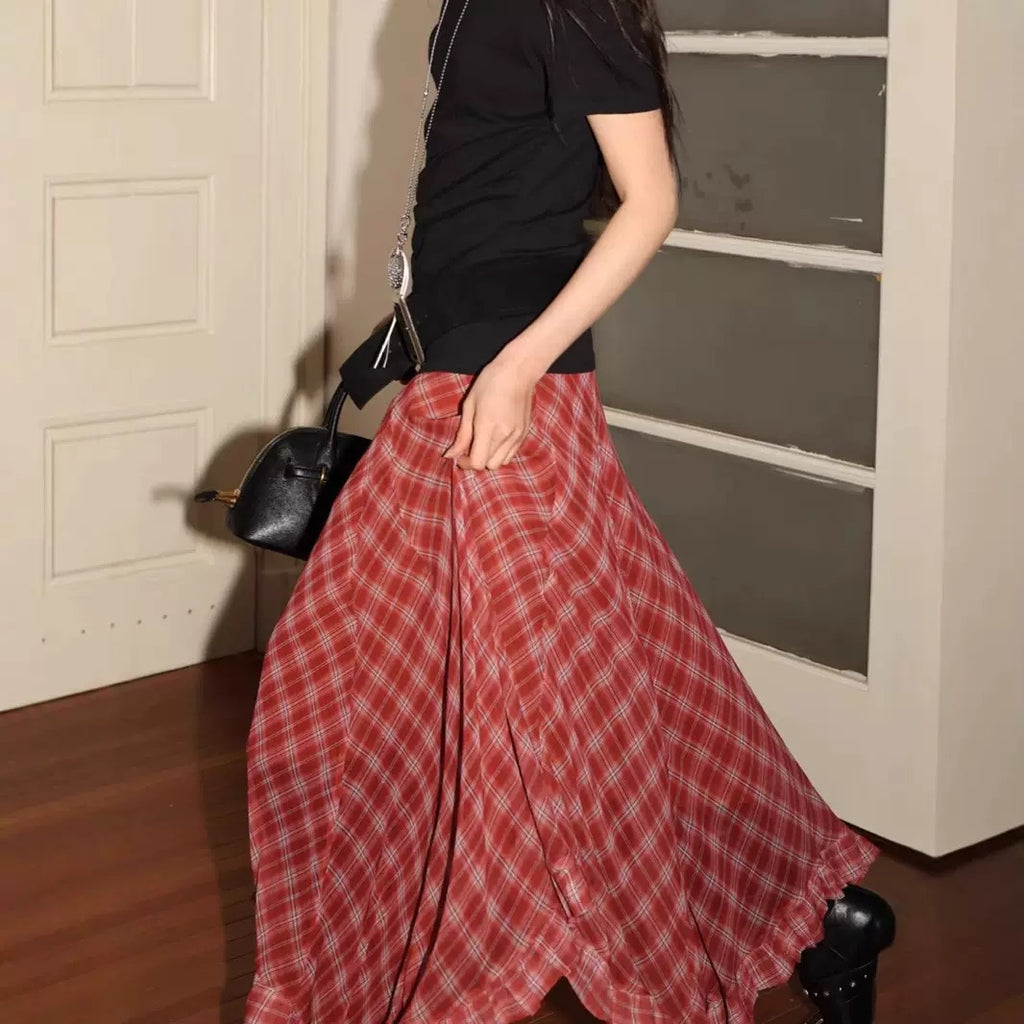 Retro Plaid Irregular Midi Skirt - Asymmetric Designer Skirt