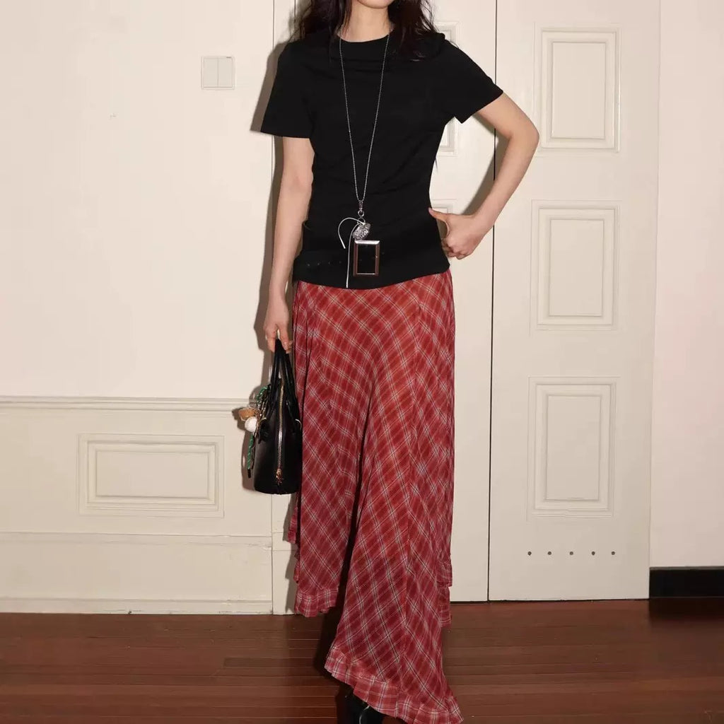 Retro Plaid Irregular Midi Skirt - Asymmetric Designer Skirt