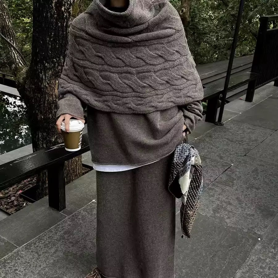 100% Wool Windproof 3D Cable Knit Turtleneck Cape Vest