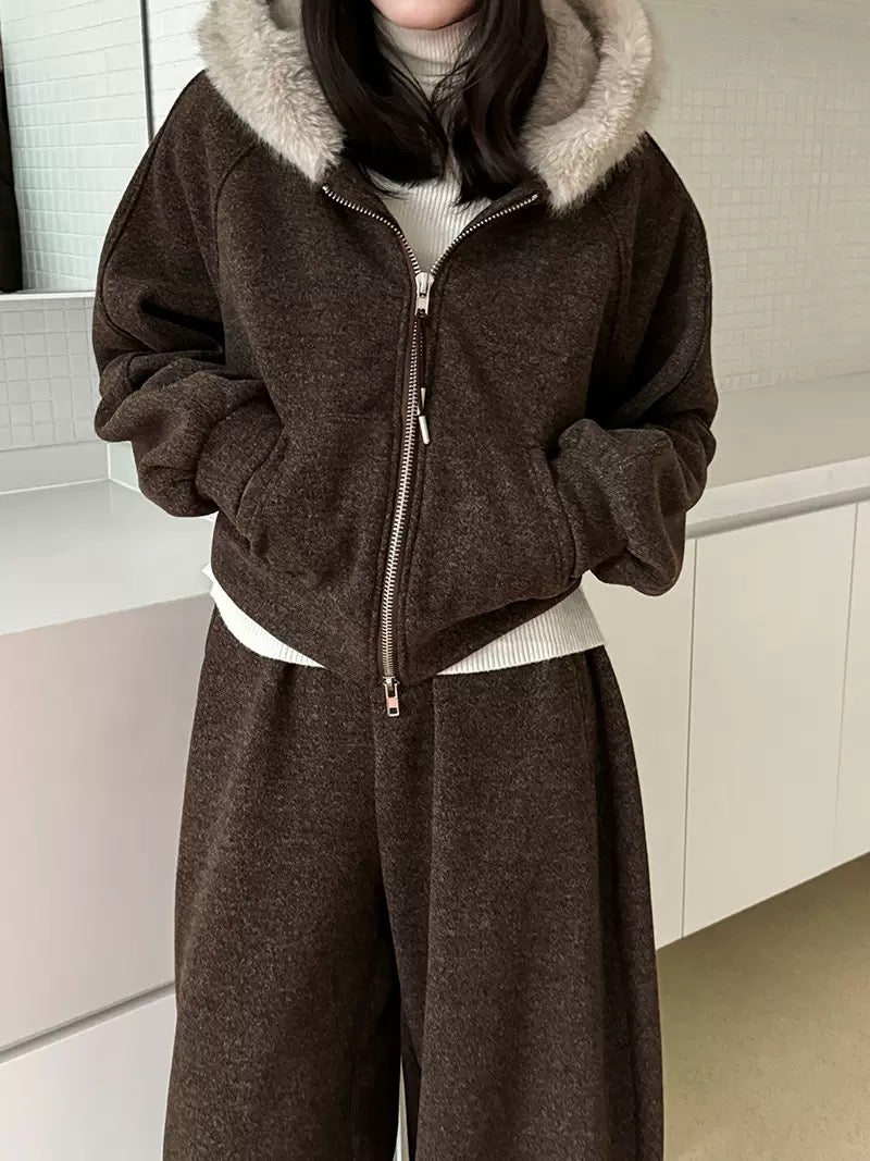 Fur-Collar Sweatshirt Jacket and Wide-Leg Pants Set - Luxe Casual Ensemble