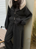 Fur-Collar Sweatshirt Jacket and Wide-Leg Pants Set - Luxe Casual Ensemble