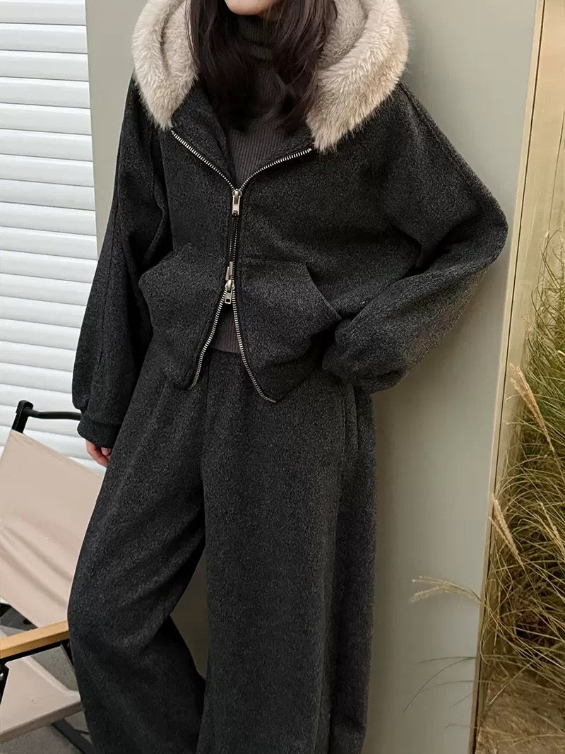 Fur-Collar Sweatshirt Jacket and Wide-Leg Pants Set - Luxe Casual Ensemble
