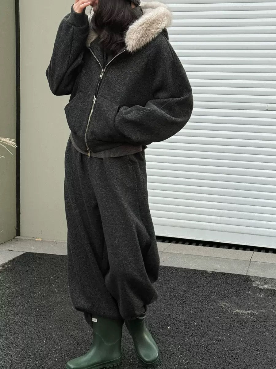 Fur-Collar Sweatshirt Jacket and Wide-Leg Pants Set - Luxe Casual Ensemble