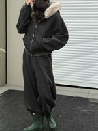 Fur-Collar Sweatshirt Jacket and Wide-Leg Pants Set - Luxe Casual Ensemble